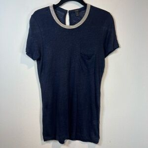 J. Crew 100% Linen Shirt Top Navy Blue Silver Embellished Neckline Women's Small